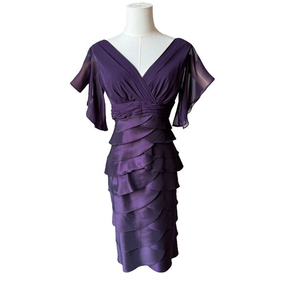 Adrianna Papell Silk Plum Flutter Sleeve Tired knee length Dress size 2 - Picture 14 of 16